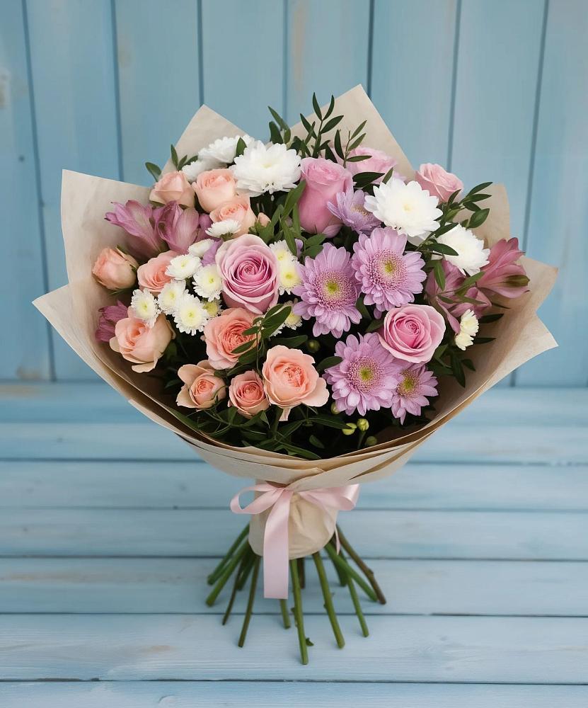 Букет цветов из: Хризантемы, Розы и Альстромерии в Кирпильской