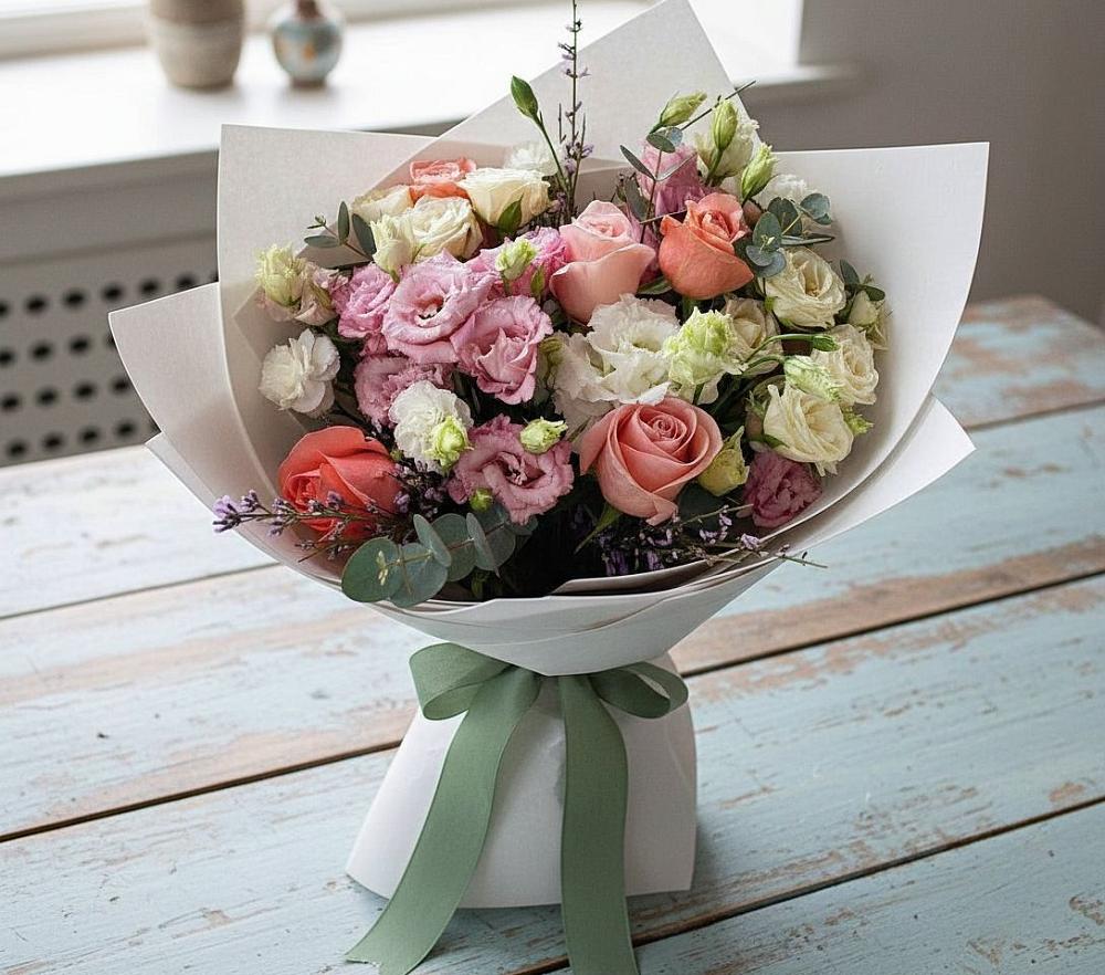 Букет цветов из: Розы, Лизиантусы и Гвоздики в Кирпильской