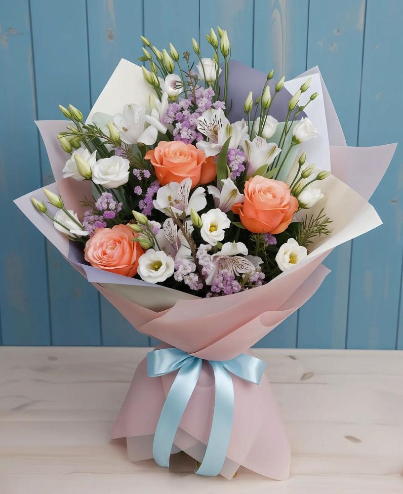 Букет цветов из: Лизиантусы, Розы, Альстромерии и Гипсофила в Кирпильской