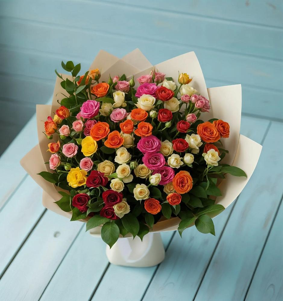 Букет Микс из разноцветных кустовых роз в Кирпильской