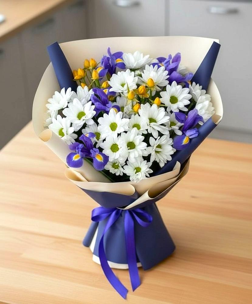 Букет цветов из: Розы, Ирисы и Хризантемы в Кирпильской