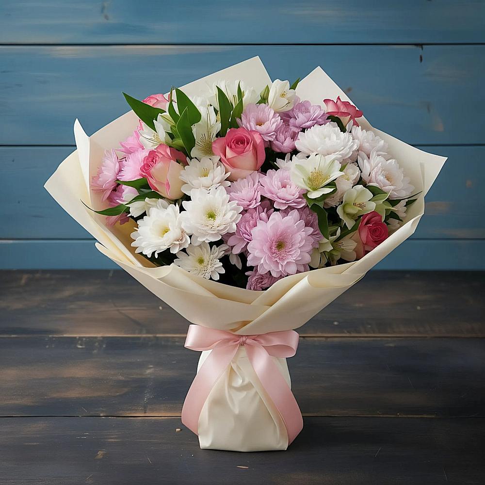 Букет цветов из: Хризантемы, Альстромерии и Розы в Кирпильской